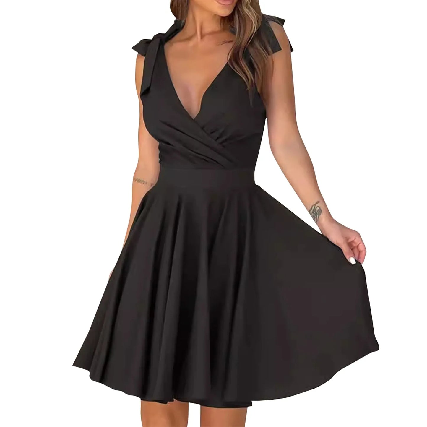 Mini abito elegante da donna nuovo senza maniche con cerniera a vita alta corsetto con scollo a V abito con cinturino con fiocco temperamento abbigliamento donna