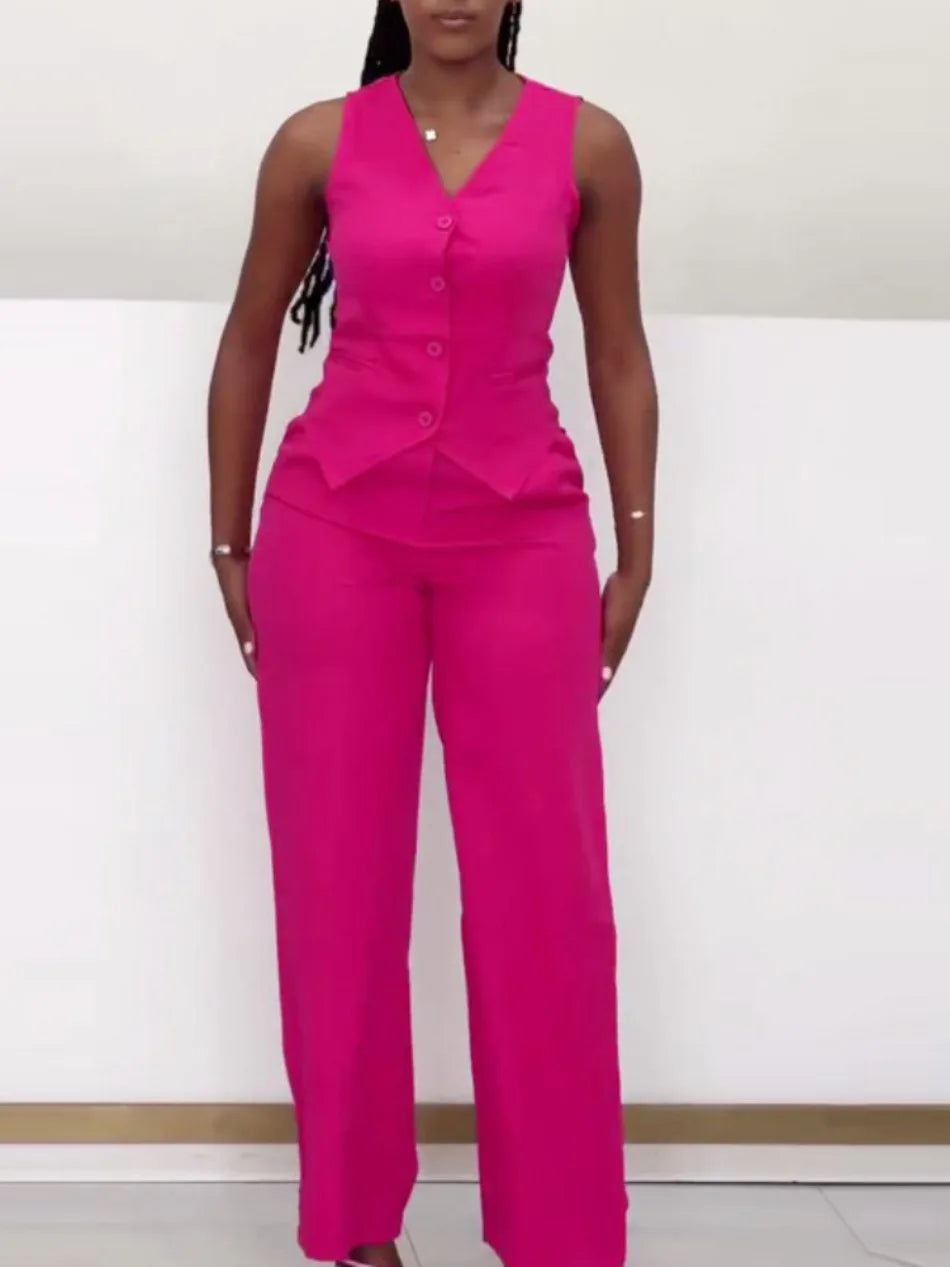 Set da due pezzi alla moda Completi da donna da ufficio Set da donna Tinta unita senza maniche con bottoni Gilet Camicia e pantaloni a gamba larga Set