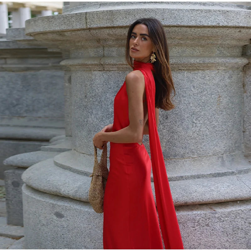 Elegante nastro solido Abito da donna con scollo all'americana con spalle scoperte Senza maniche Backless Slim Abiti lunghi femminili 2025 Estate New Chic Lady Robe