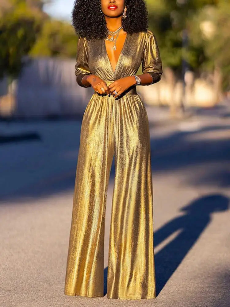 Bonboho Tuta da donna in tinta unita con scollo a V profondo maniche a tre quarti vita alta gamba larga tuta Oe-pezzo tute casual estive