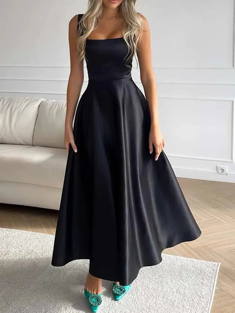 ZANZEA Abiti da canotta con cinturino sexy Moda donna Colletto quadrato Maxi vestito estivo Abito a vita in raso vintage Abito da festa estivo