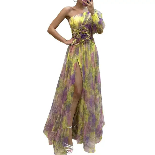 Elegante abito da festa formale Elegante abito da ballo monospalla tie-dye con maniche a palloncino in rete Abito da sera da donna con orlo diviso