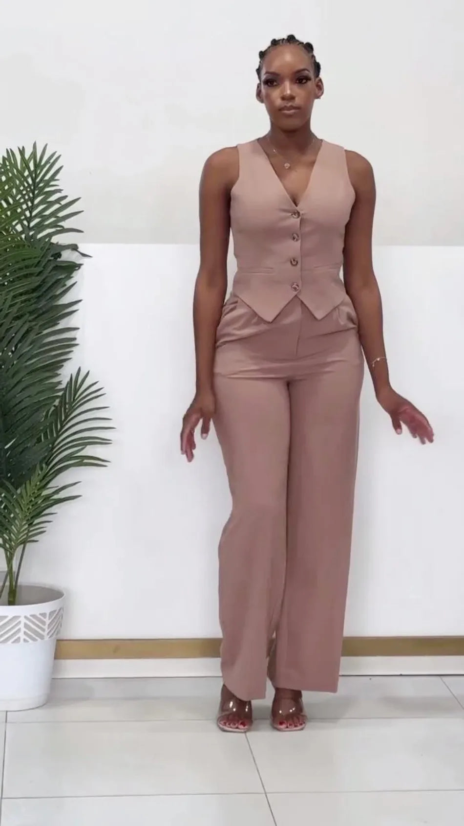 Set da due pezzi alla moda Completi da donna da ufficio Set da donna Tinta unita senza maniche con bottoni Gilet Camicia e pantaloni a gamba larga Set