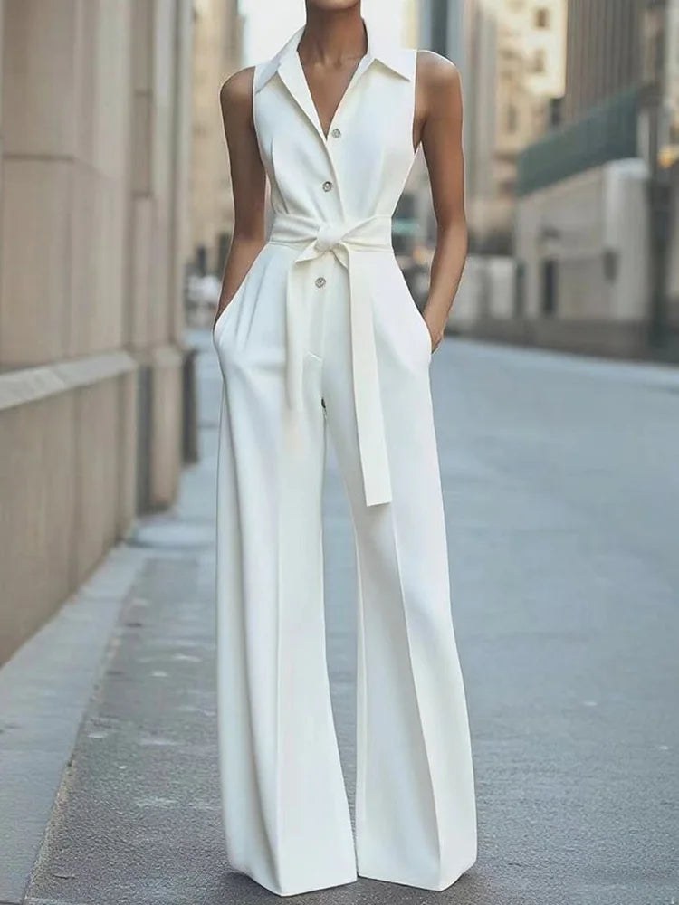 2025 Tute patchwork solide senza maniche, tute chic con colletto rovesciato per le vacanze estive da donna, tute semplici da donna con lacci
