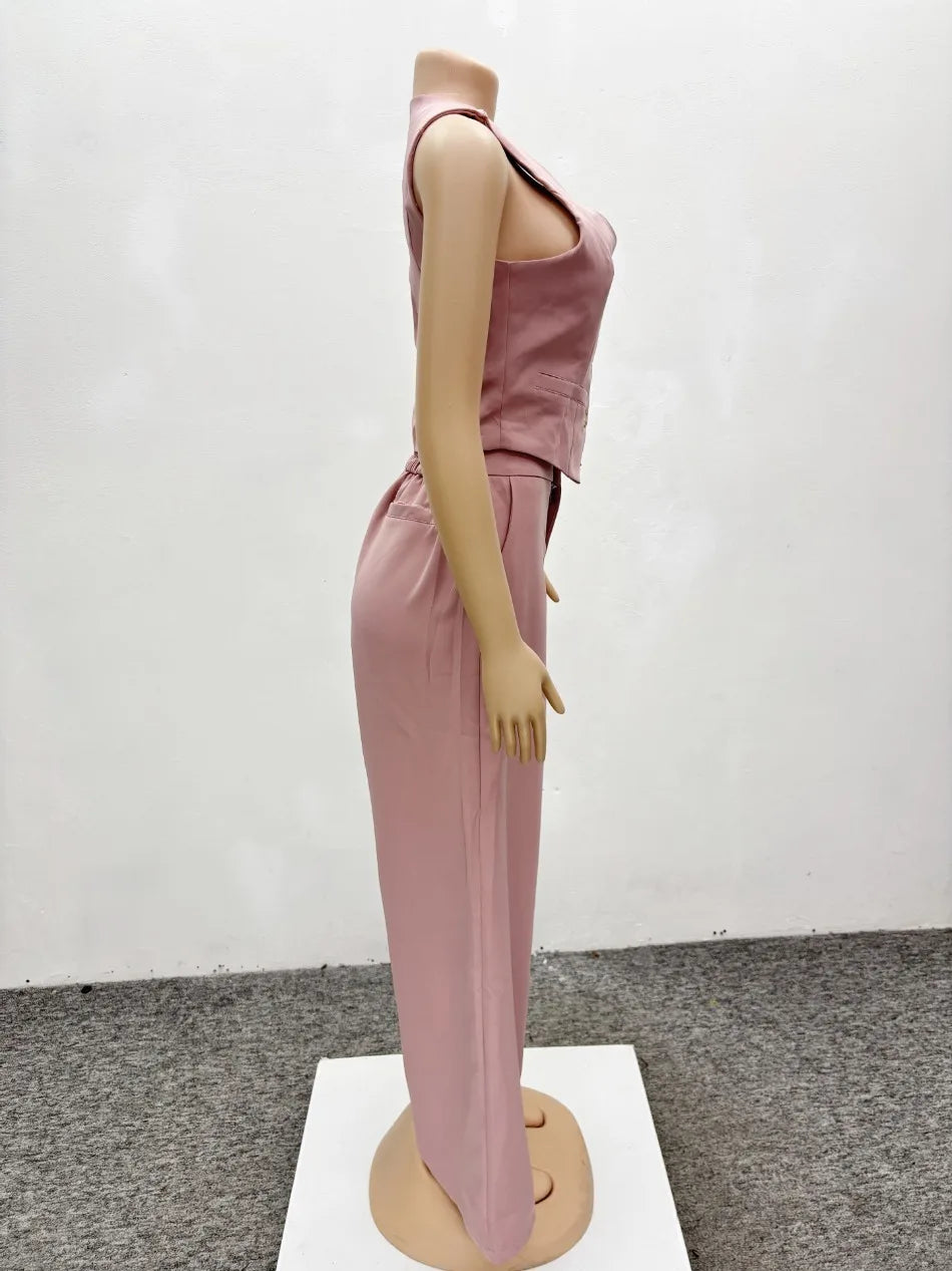 Set da due pezzi alla moda Completi da donna da ufficio Set da donna Tinta unita senza maniche con bottoni Gilet Camicia e pantaloni a gamba larga Set