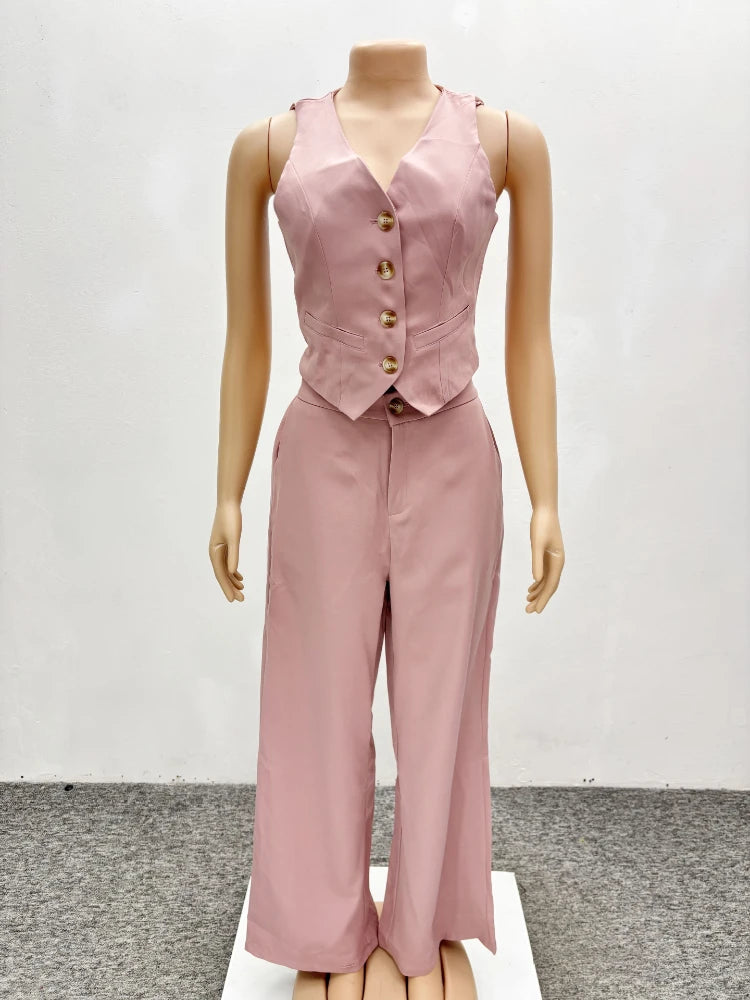 Set da due pezzi alla moda Completi da donna da ufficio Set da donna Tinta unita senza maniche con bottoni Gilet Camicia e pantaloni a gamba larga Set