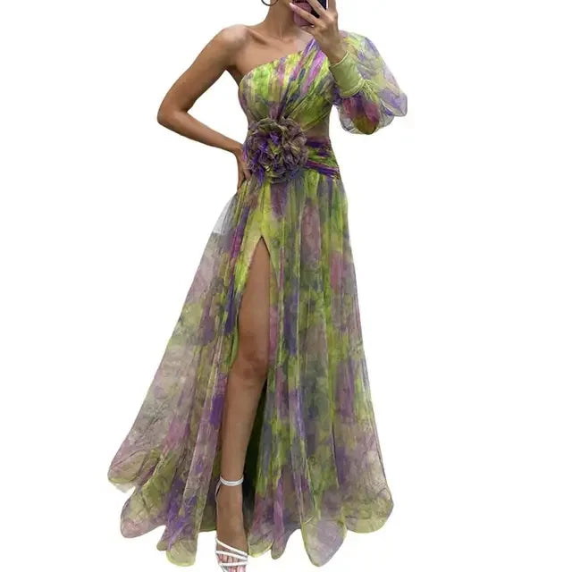 Elegante abito da festa formale Elegante abito da ballo monospalla tie-dye con maniche a palloncino in rete Abito da sera da donna con orlo diviso