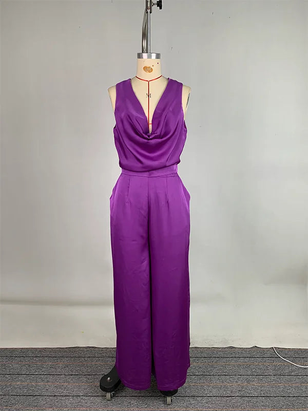 Gymystars Tute femminili con scollo a V Tute viola Estate allentate senza maniche con scollo a V profondo Elegante tuta intera a gamba larga da donna