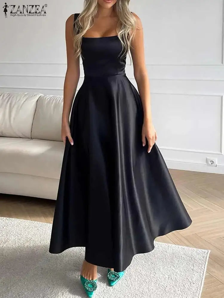 ZANZEA Abiti da canotta con cinturino sexy Moda donna Colletto quadrato Maxi vestito estivo Abito a vita in raso vintage Abito da festa estivo