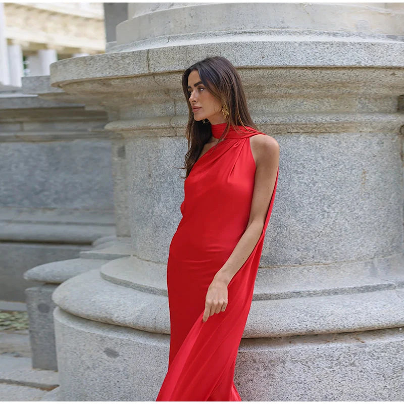 Elegante nastro solido Abito da donna con scollo all'americana con spalle scoperte Senza maniche Backless Slim Abiti lunghi femminili 2025 Estate New Chic Lady Robe