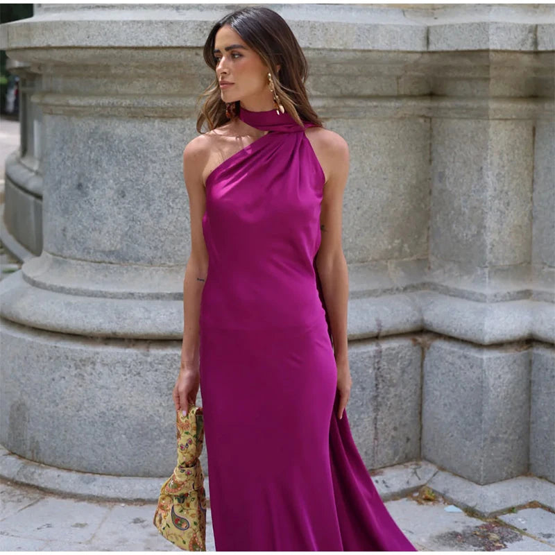 Elegante nastro solido Abito da donna con scollo all'americana con spalle scoperte Senza maniche Backless Slim Abiti lunghi femminili 2025 Estate New Chic Lady Robe