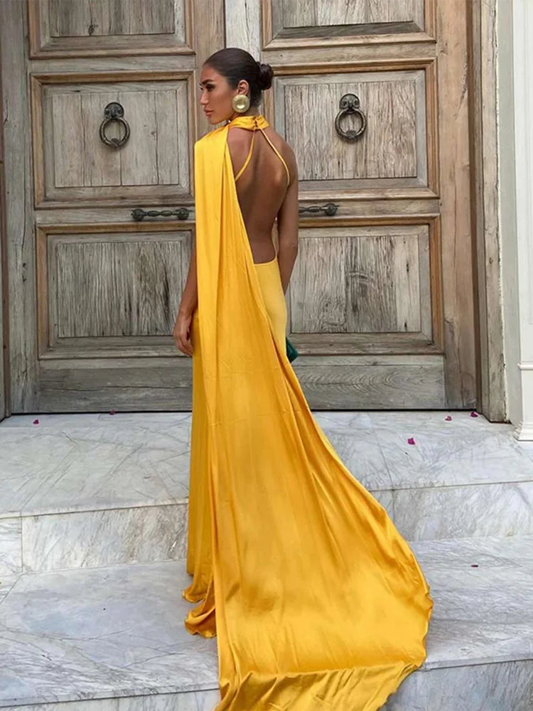 Elegante nastro solido Abito da donna con scollo all'americana con spalle scoperte Senza maniche Backless Slim Abiti lunghi femminili 2025 Estate New Chic Lady Robe