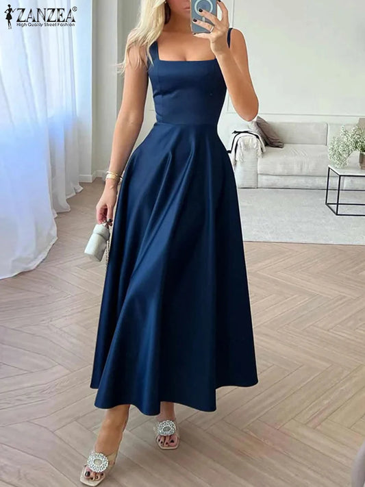 ZANZEA Abiti da canotta con cinturino sexy Moda donna Colletto quadrato Maxi vestito estivo Abito a vita in raso vintage Abito da festa estivo