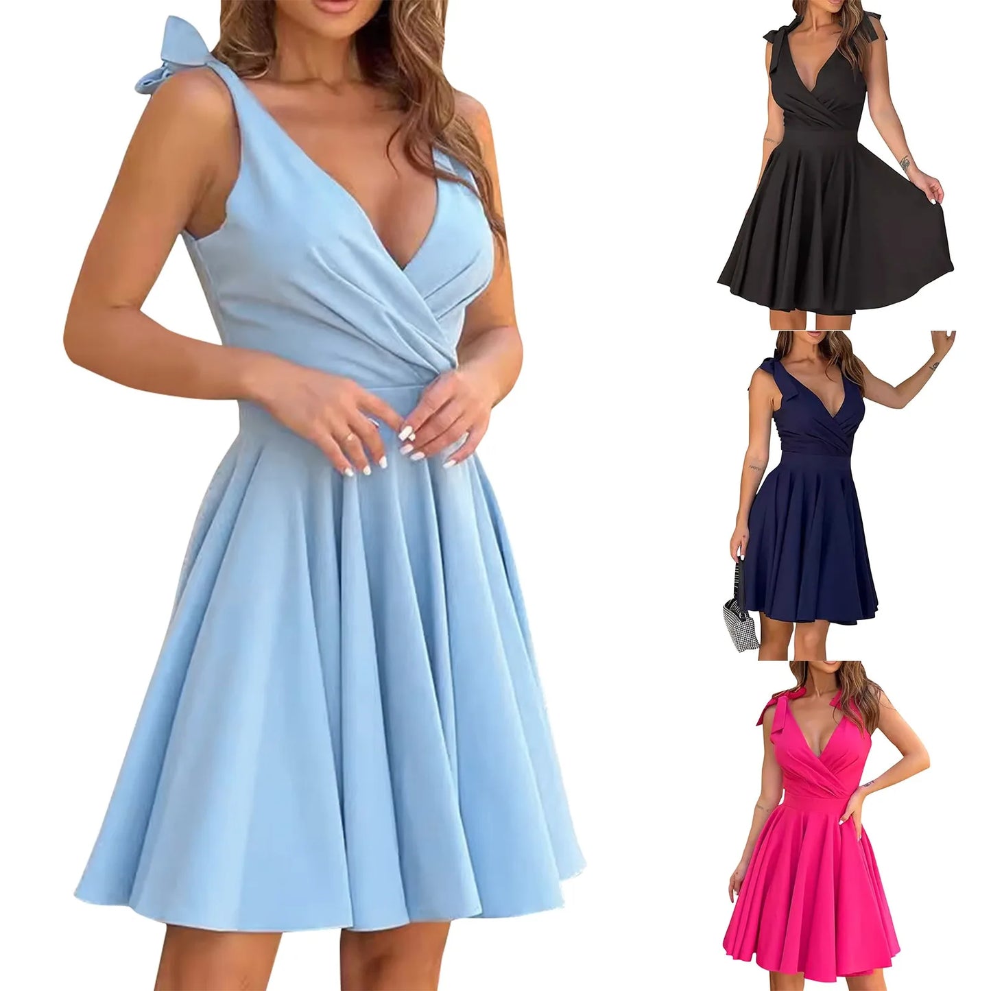 Mini abito elegante da donna nuovo senza maniche con cerniera a vita alta corsetto con scollo a V abito con cinturino con fiocco temperamento abbigliamento donna