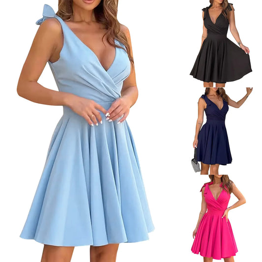 Mini abito elegante da donna nuovo senza maniche con cerniera a vita alta corsetto con scollo a V abito con cinturino con fiocco temperamento abbigliamento donna