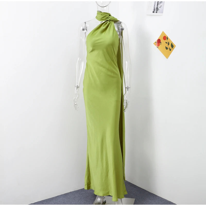 Elegante nastro solido Abito da donna con scollo all'americana con spalle scoperte Senza maniche Backless Slim Abiti lunghi femminili 2025 Estate New Chic Lady Robe