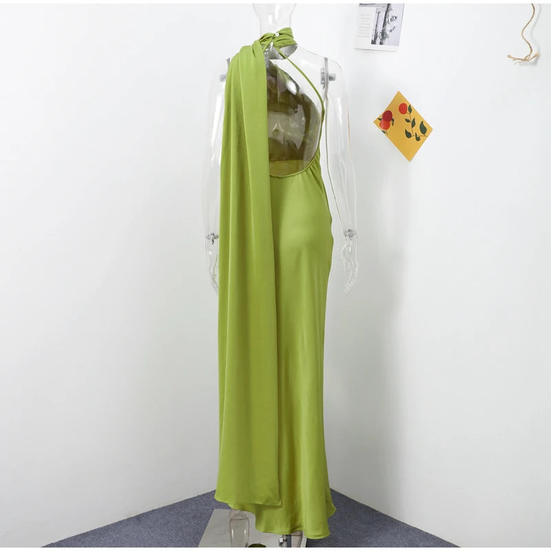 Elegante nastro solido Abito da donna con scollo all'americana con spalle scoperte Senza maniche Backless Slim Abiti lunghi femminili 2025 Estate New Chic Lady Robe