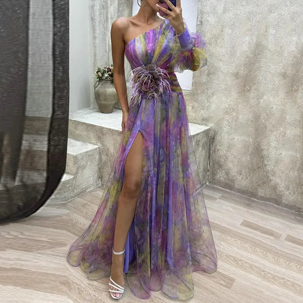 Elegante abito da festa formale Elegante abito da ballo monospalla tie-dye con maniche a palloncino in rete Abito da sera da donna con orlo diviso