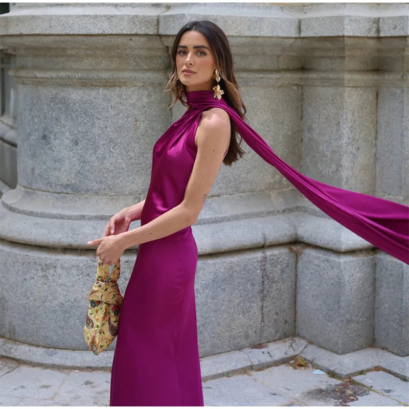 Elegante nastro solido Abito da donna con scollo all'americana con spalle scoperte Senza maniche Backless Slim Abiti lunghi femminili 2025 Estate New Chic Lady Robe