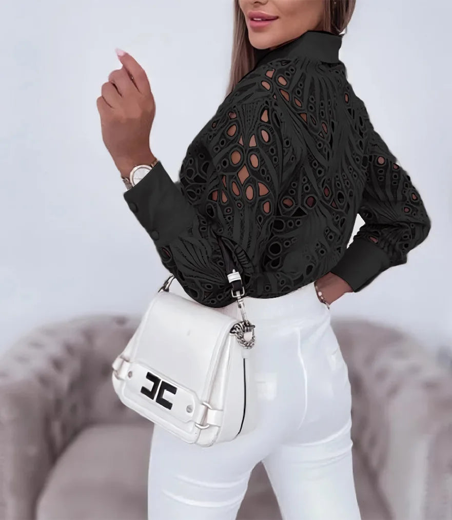 2025 Camicie e camicette da donna Elegante sexy scava fuori Turn Down Neck Camicetta solida Camisas De Mujer Camicia di pizzo bianco da donna