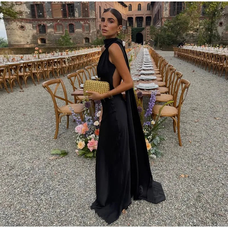 Elegante nastro solido Abito da donna con scollo all'americana con spalle scoperte Senza maniche Backless Slim Abiti lunghi femminili 2025 Estate New Chic Lady Robe
