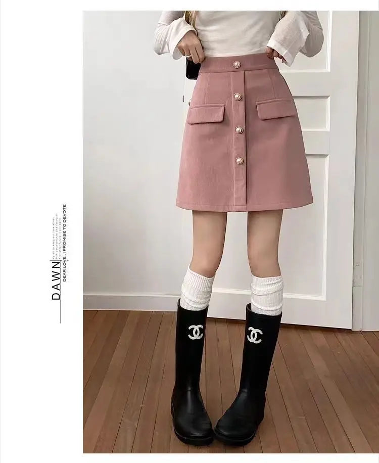 Gonna rosa a vita alta per le donne Primavera Autunno 2025 Nuova linea A per grasso Mm che copre la pancia e i glutei dimagranti Gonna corta