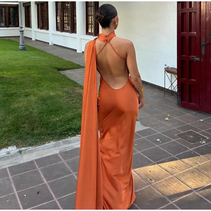 Elegante nastro solido Abito da donna con scollo all'americana con spalle scoperte Senza maniche Backless Slim Abiti lunghi femminili 2025 Estate New Chic Lady Robe