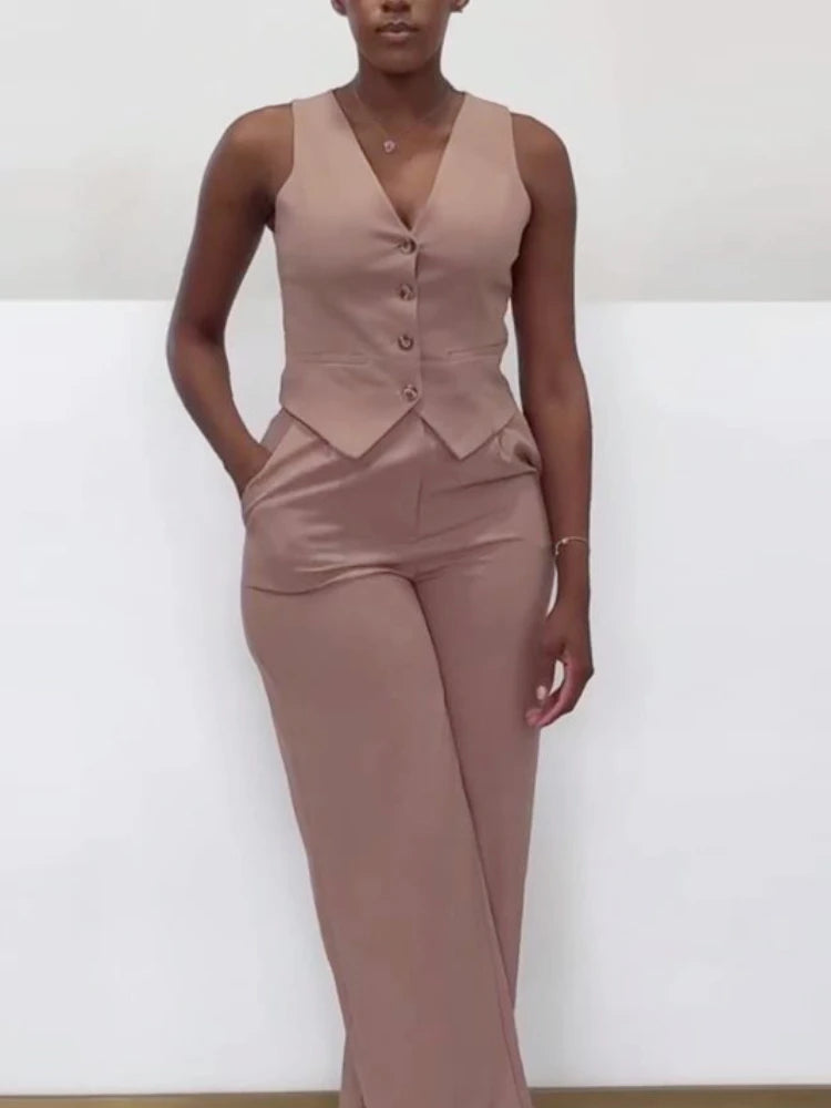 Set da due pezzi alla moda Completi da donna da ufficio Set da donna Tinta unita senza maniche con bottoni Gilet Camicia e pantaloni a gamba larga Set