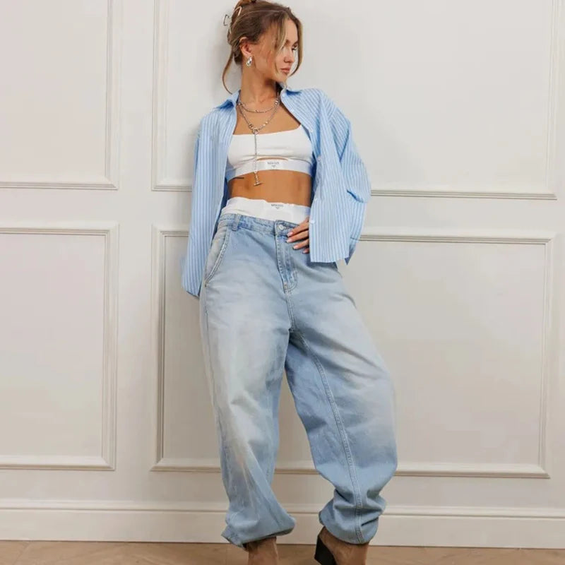 Camicia a righe blu moda da donna 2025 OL manica lunga colletto rovesciato camicetta donna abbottonatura camicie da ufficio larghe da donna