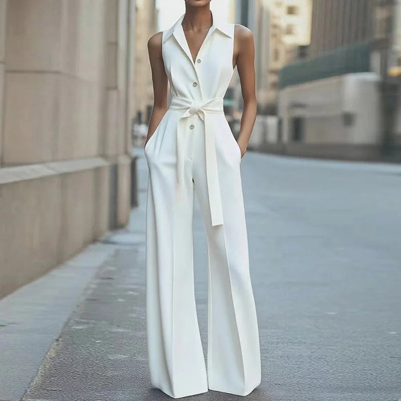 2025 Tute patchwork solide senza maniche, tute chic con colletto rovesciato per le vacanze estive da donna, tute semplici da donna con lacci