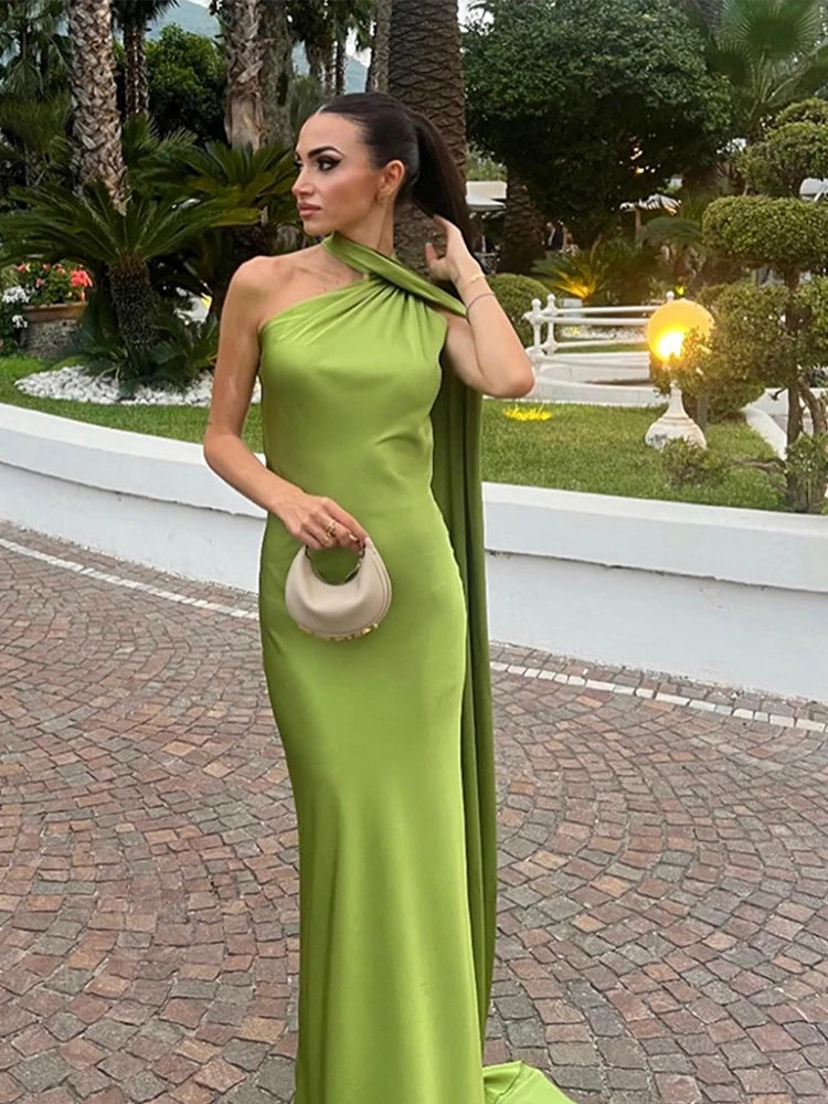 Elegante nastro solido Abito da donna con scollo all'americana con spalle scoperte Senza maniche Backless Slim Abiti lunghi femminili 2025 Estate New Chic Lady Robe