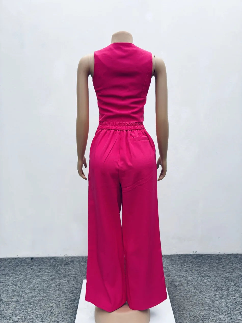 Set da due pezzi alla moda Completi da donna da ufficio Set da donna Tinta unita senza maniche con bottoni Gilet Camicia e pantaloni a gamba larga Set