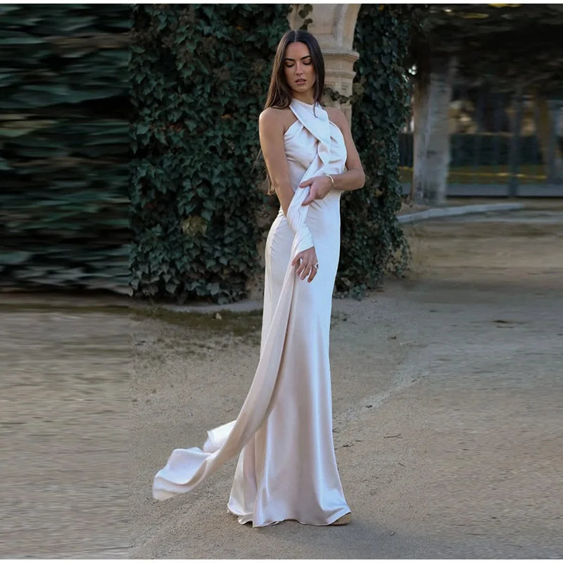 Elegante nastro solido Abito da donna con scollo all'americana con spalle scoperte Senza maniche Backless Slim Abiti lunghi femminili 2025 Estate New Chic Lady Robe