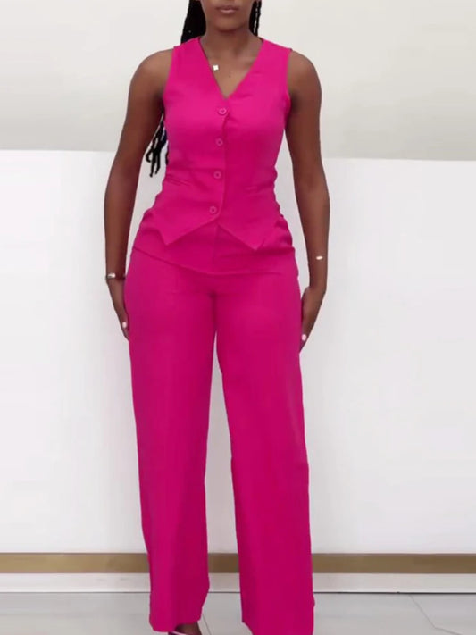 Set da due pezzi alla moda Completi da donna da ufficio Set da donna Tinta unita senza maniche con bottoni Gilet Camicia e pantaloni a gamba larga Set