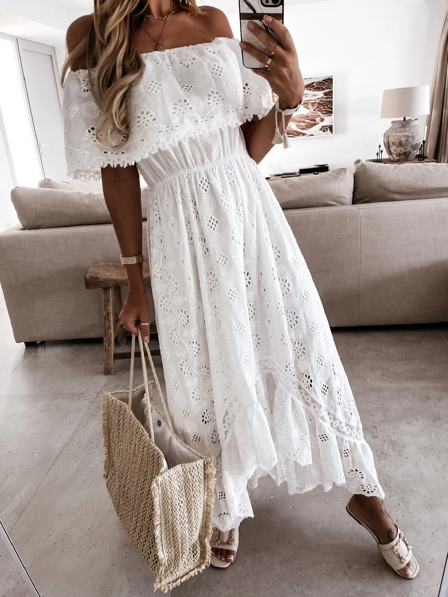 Abito lungo Casual da donna stile bohemien Sexy senza spalline con spalle scoperte nappa in pizzo vita alta orlo grande scava fuori abiti estate