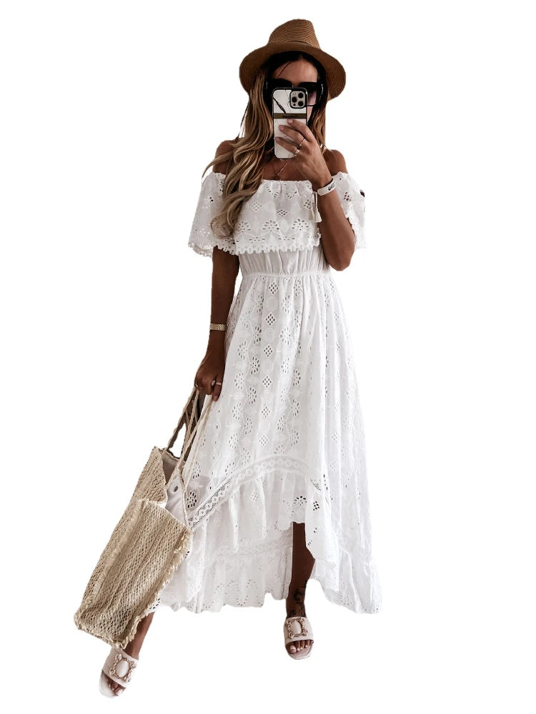 Abito lungo Casual da donna stile bohemien Sexy senza spalline con spalle scoperte nappa in pizzo vita alta orlo grande scava fuori abiti estate