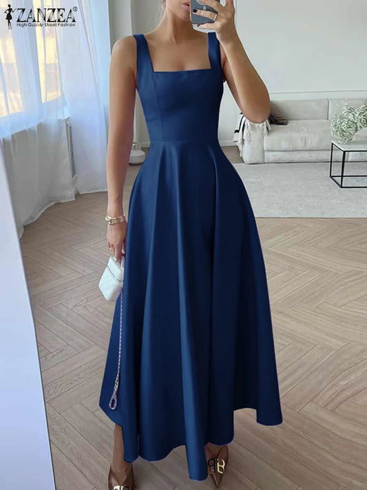 ZANZEA Abiti da canotta con cinturino sexy Moda donna Colletto quadrato Maxi vestito estivo Abito a vita in raso vintage Abito da festa estivo