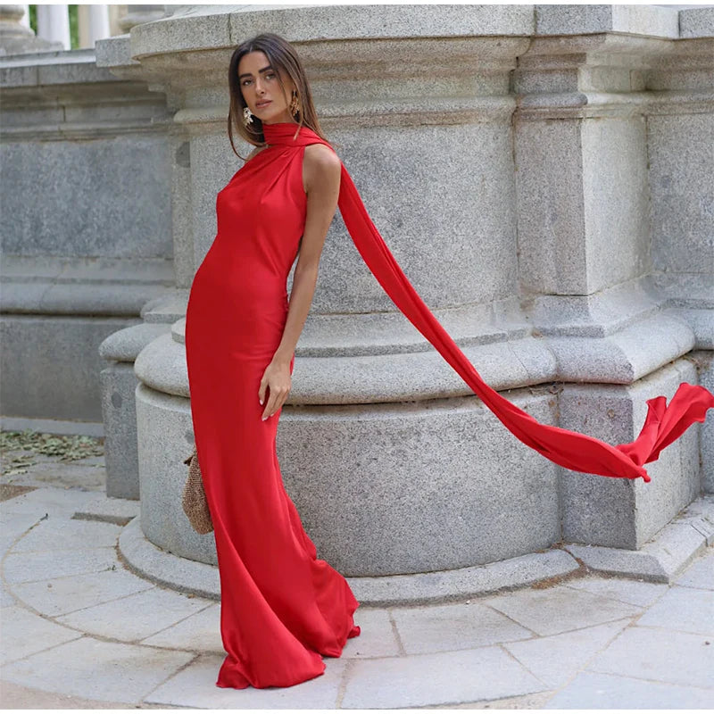 Elegante nastro solido Abito da donna con scollo all'americana con spalle scoperte Senza maniche Backless Slim Abiti lunghi femminili 2025 Estate New Chic Lady Robe