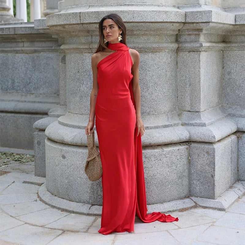 Elegante nastro solido Abito da donna con scollo all'americana con spalle scoperte Senza maniche Backless Slim Abiti lunghi femminili 2025 Estate New Chic Lady Robe