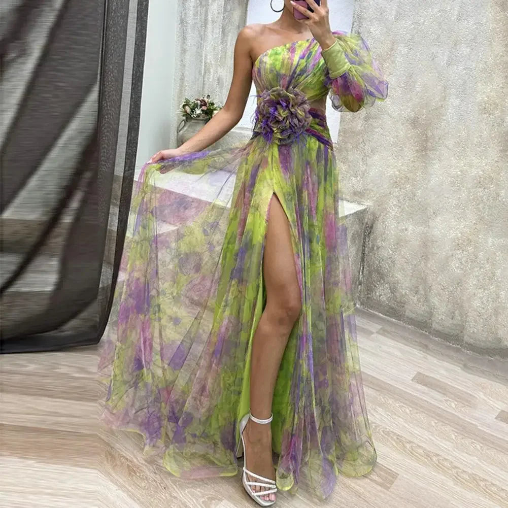 Elegante abito da festa formale Elegante abito da ballo monospalla tie-dye con maniche a palloncino in rete Abito da sera da donna con orlo diviso