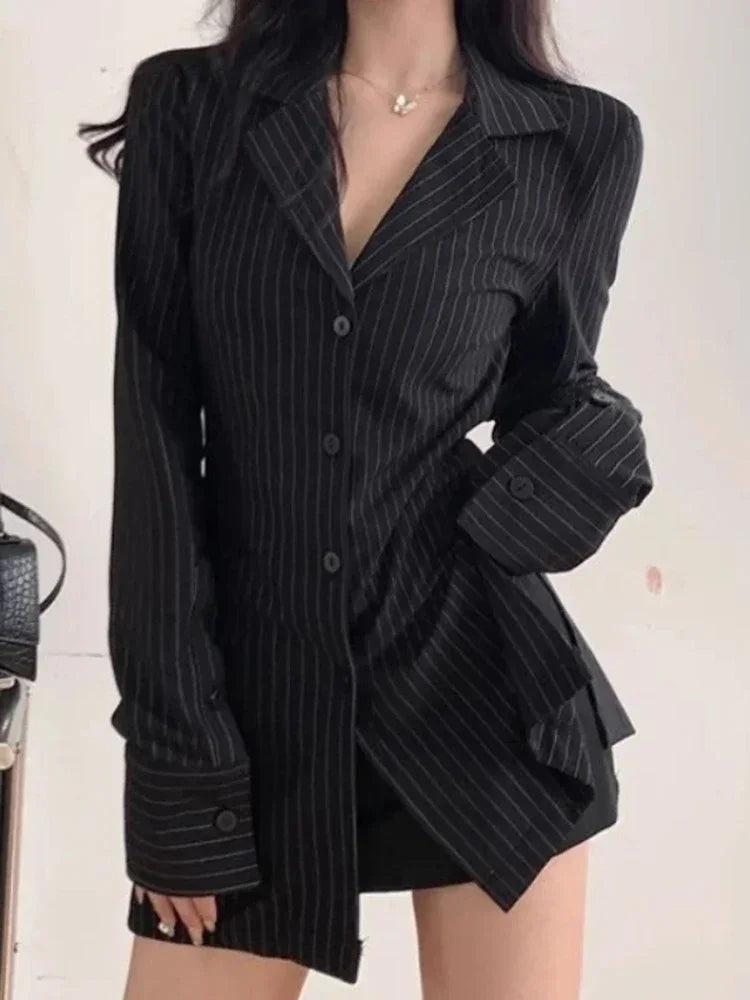 Camicie a righe da donna Camicia a maniche lunghe con colletto rovesciato vintage Primavera Autunno Camicie femminili slim monopetto di nuova moda