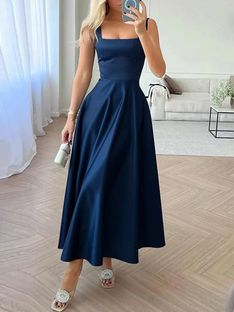 ZANZEA Abiti da canotta con cinturino sexy Moda donna Colletto quadrato Maxi vestito estivo Abito a vita in raso vintage Abito da festa estivo