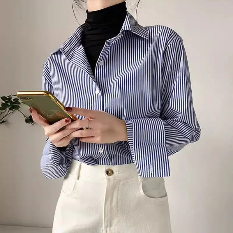 Camicette classiche da donna a righe primavera autunno camicia da donna manica lunga a lanterna colletto alla coreana Blusas larghi