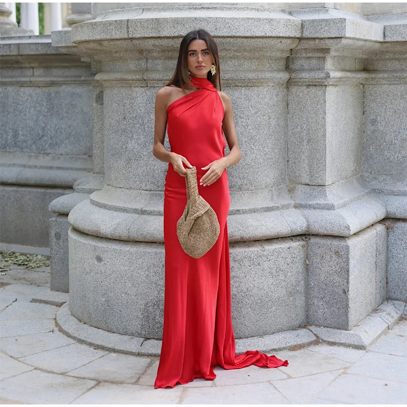 Elegante nastro solido Abito da donna con scollo all'americana con spalle scoperte Senza maniche Backless Slim Abiti lunghi femminili 2025 Estate New Chic Lady Robe