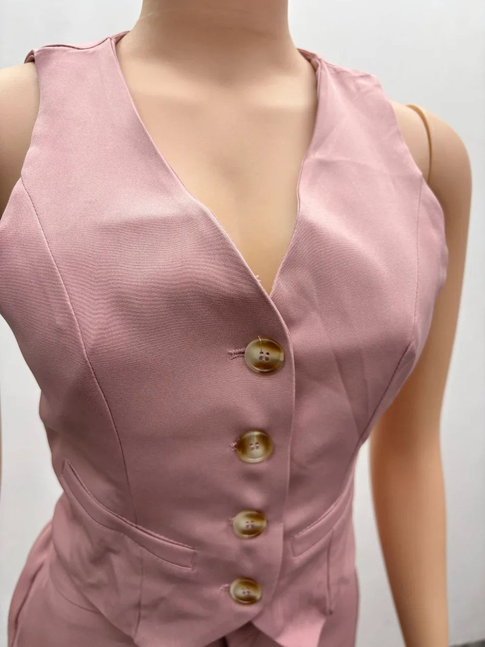 Set da due pezzi alla moda Completi da donna da ufficio Set da donna Tinta unita senza maniche con bottoni Gilet Camicia e pantaloni a gamba larga Set