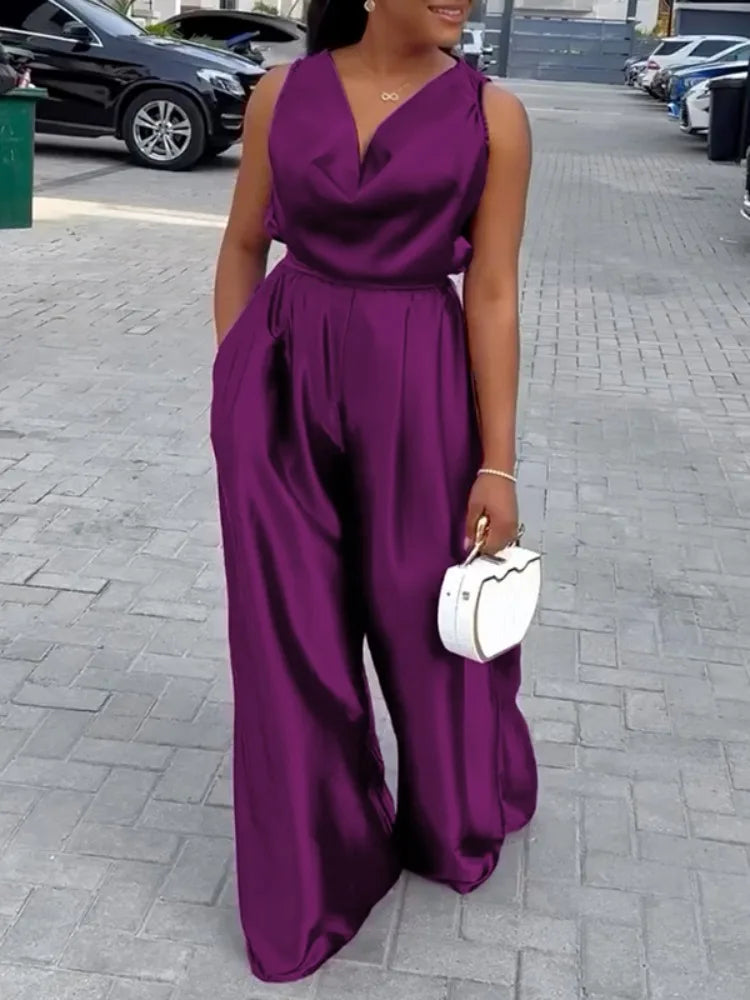 Gymystars Tute femminili con scollo a V Tute viola Estate allentate senza maniche con scollo a V profondo Elegante tuta intera a gamba larga da donna
