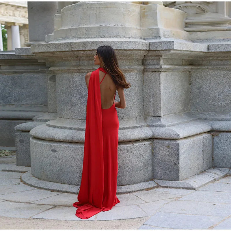 Elegante nastro solido Abito da donna con scollo all'americana con spalle scoperte Senza maniche Backless Slim Abiti lunghi femminili 2025 Estate New Chic Lady Robe