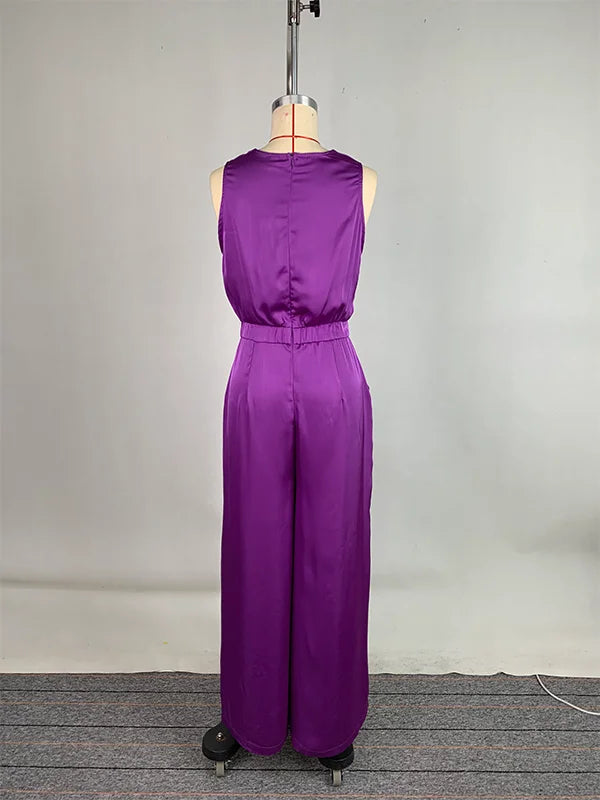 Gymystars Tute femminili con scollo a V Tute viola Estate allentate senza maniche con scollo a V profondo Elegante tuta intera a gamba larga da donna