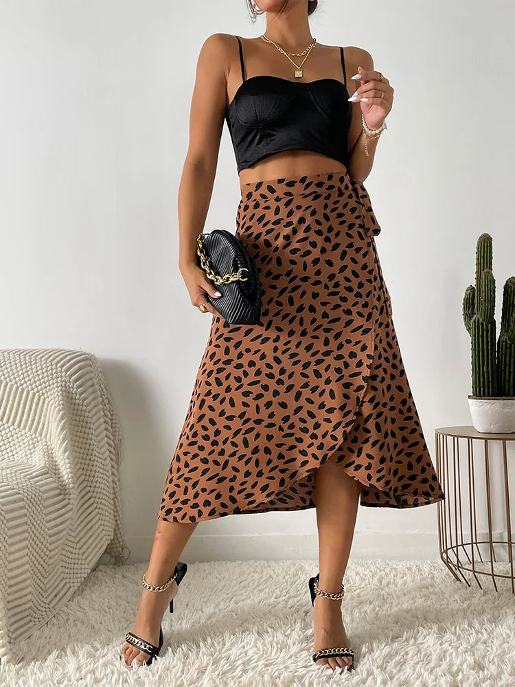 Benuynffy Boho Donna Casual Stampa Cravatta Gonna a portafoglio laterale Elegante vita alta Donna Estate Asimmetrico Lunghezza al ginocchio Gonne a trapezio