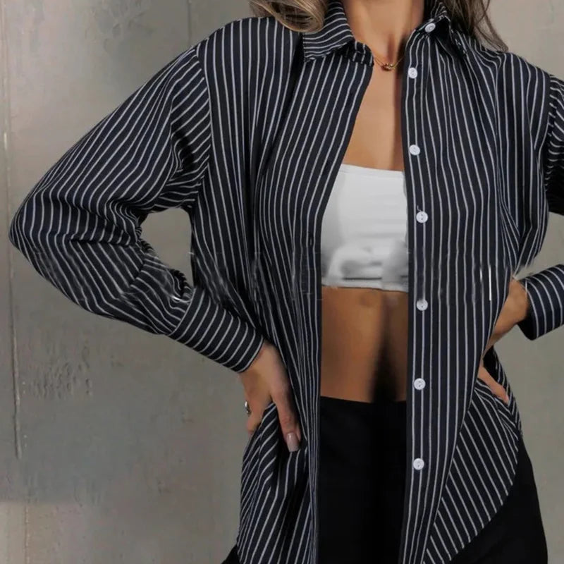 Camicia a righe blu moda da donna 2025 OL manica lunga colletto rovesciato camicetta donna abbottonatura camicie da ufficio larghe da donna